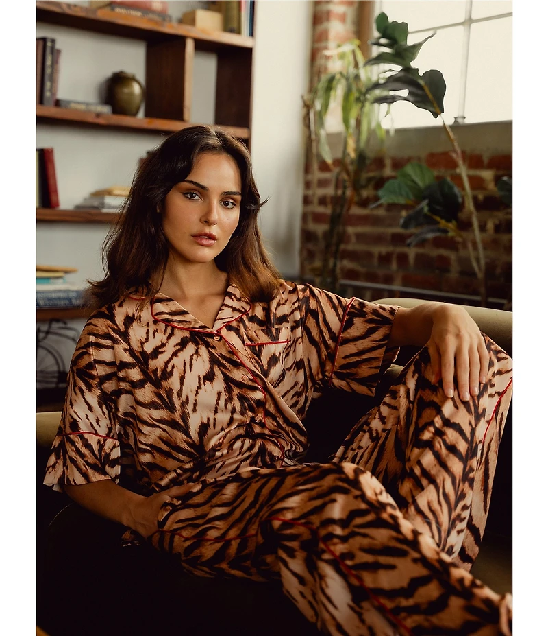 Midnight Bakery Tiger Print Short Sleeve Notch Collar Long Satin Pajama Set