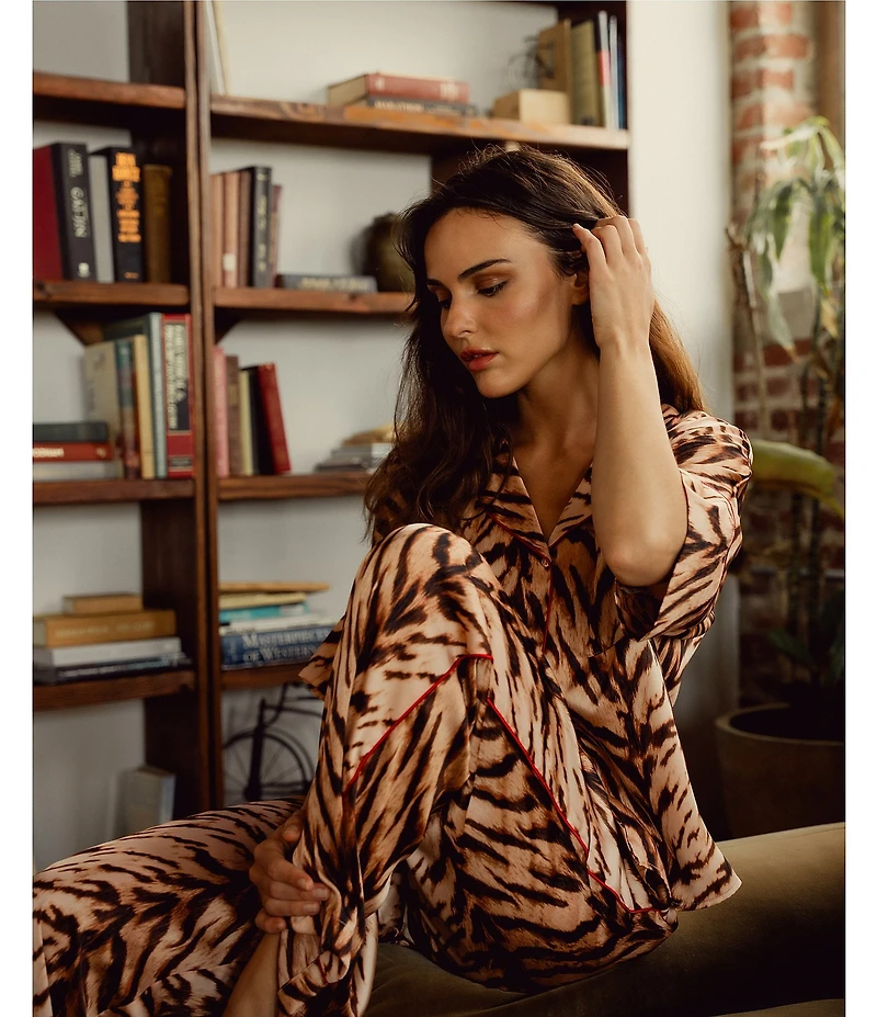 Midnight Bakery Tiger Print Short Sleeve Notch Collar Long Satin Pajama Set