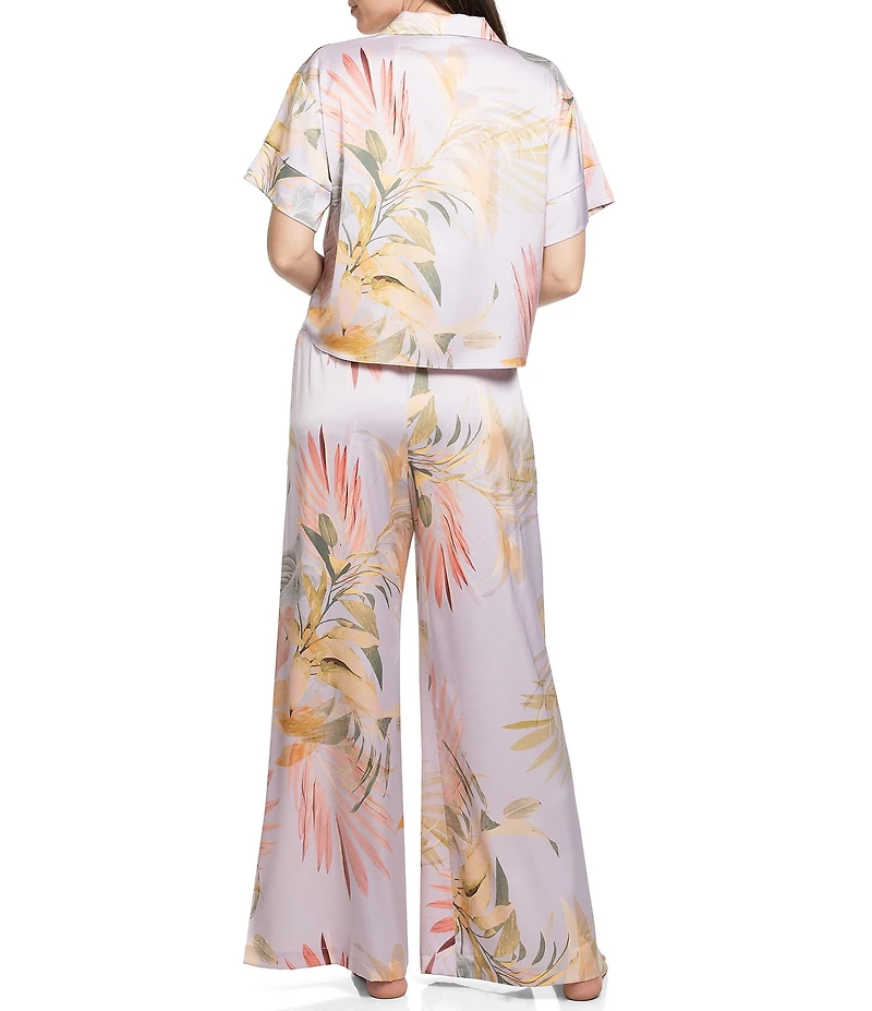 Midnight Bakery Tropical Floral Print Short Sleeve Notch Collar Satin Long Pajama Set