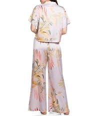 Midnight Bakery Tropical Floral Print Short Sleeve Notch Collar Satin Long Pajama Set