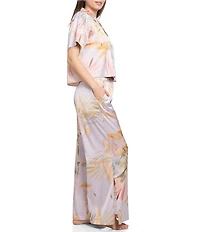Midnight Bakery Tropical Floral Print Short Sleeve Notch Collar Satin Long Pajama Set
