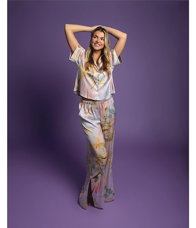 Midnight Bakery Tropical Floral Print Short Sleeve Notch Collar Satin Long Pajama Set
