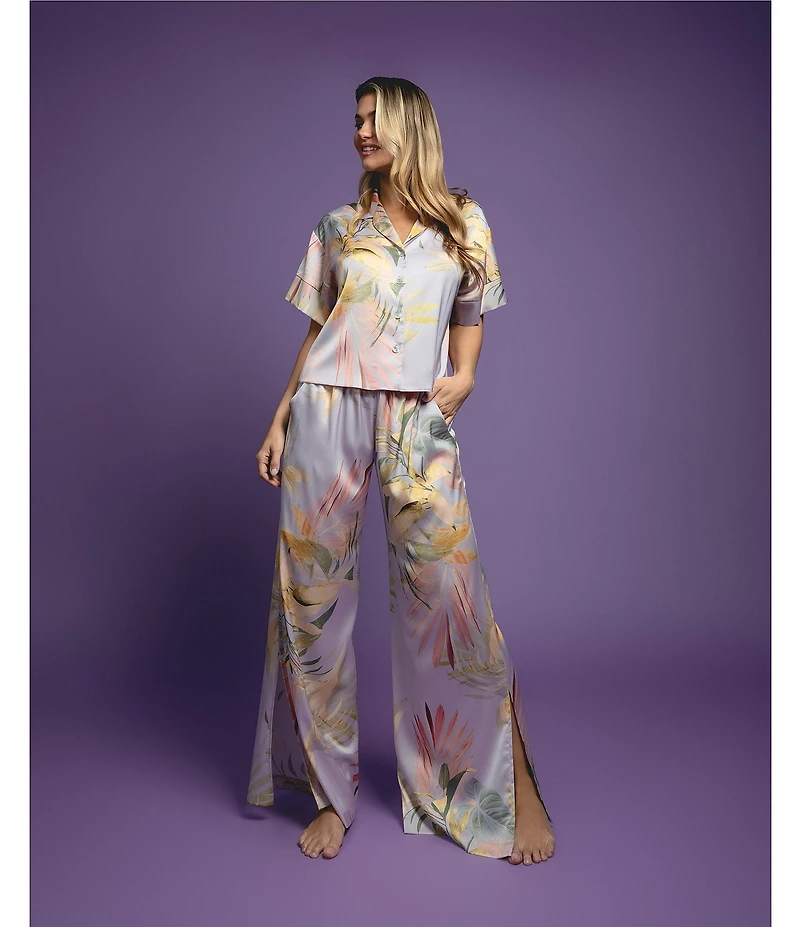 Midnight Bakery Tropical Floral Print Short Sleeve Notch Collar Satin Long Pajama Set