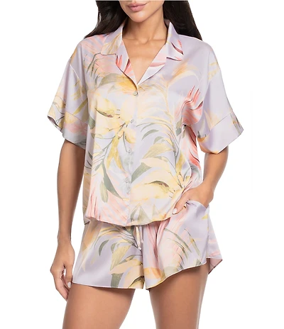 Midnight Bakery Tropical Print Short Sleeve Notch Collar Satin Shorty Pajama Set