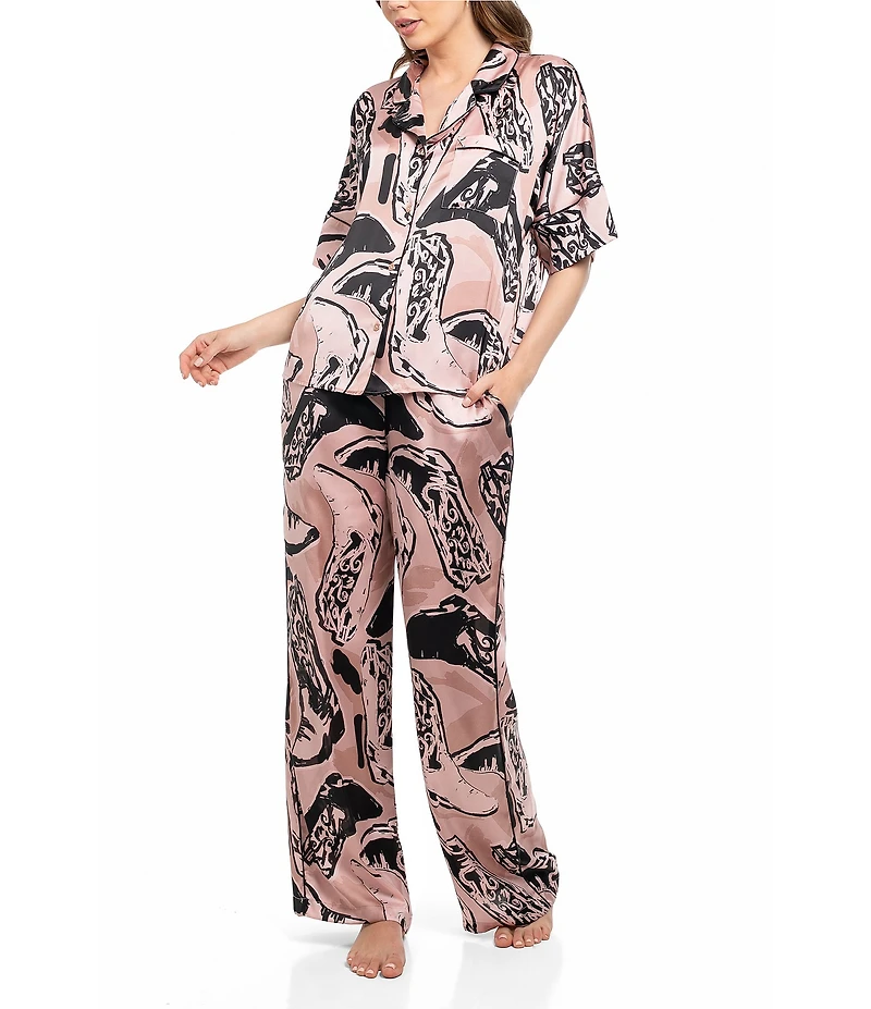 Midnight Bakery Western Boot Print Short Sleeve Notch Collar Satin Long Pajama Set