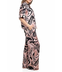 Midnight Bakery Western Boot Print Short Sleeve Notch Collar Satin Long Pajama Set
