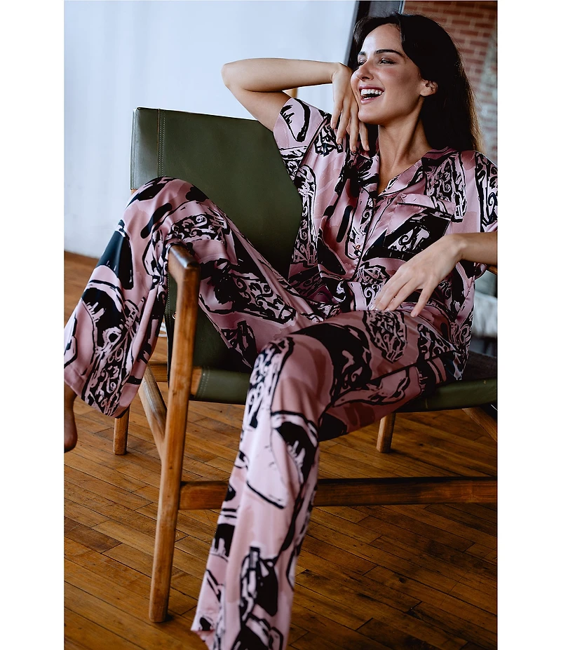 Midnight Bakery Western Boot Print Short Sleeve Notch Collar Satin Long Pajama Set