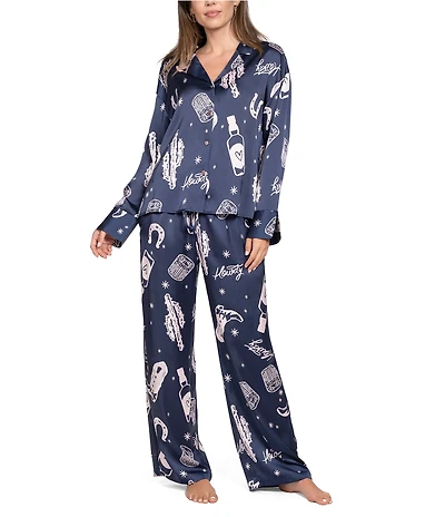 Midnight Bakery Western Print Long Sleeve Notch Collar Satin Long Pajama Set
