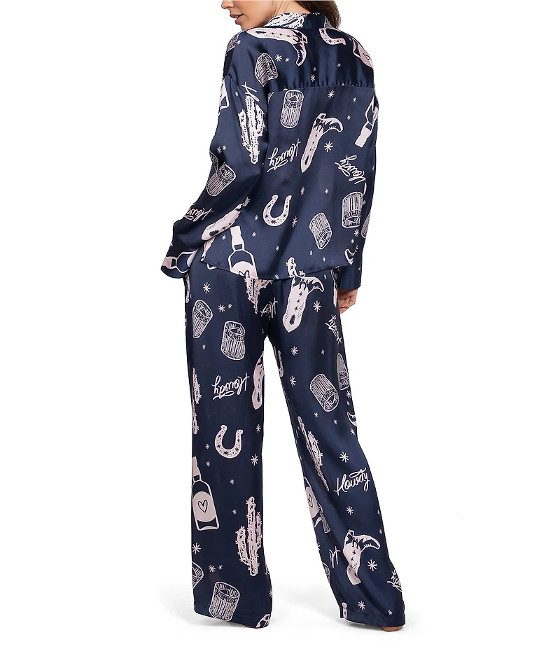 Midnight Bakery Western Print Long Sleeve Notch Collar Satin Long Pajama Set