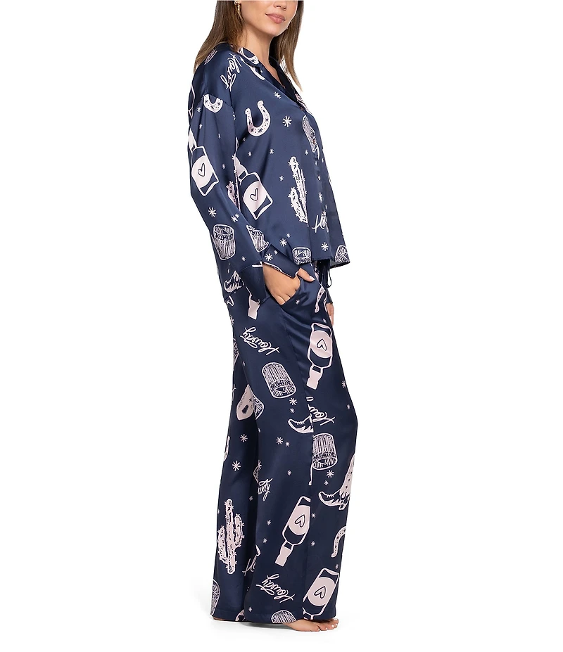 Midnight Bakery Western Print Long Sleeve Notch Collar Satin Long Pajama Set