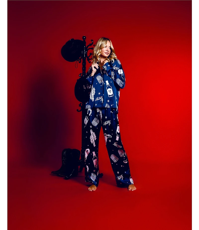 Midnight Bakery Western Print Long Sleeve Notch Collar Satin Long Pajama Set