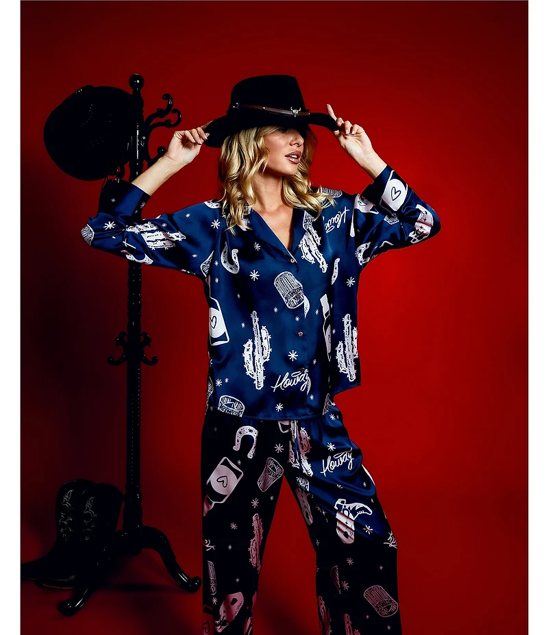 Midnight Bakery Western Print Long Sleeve Notch Collar Satin Long Pajama Set