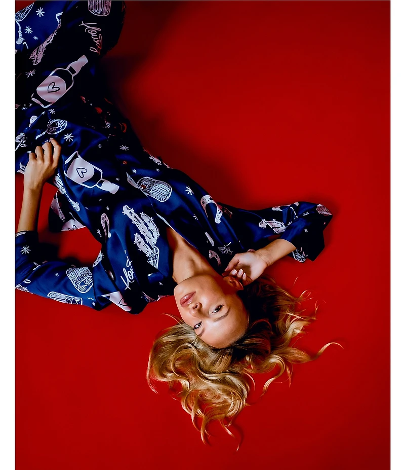 Midnight Bakery Western Print Long Sleeve Notch Collar Satin Long Pajama Set