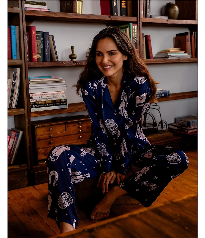Midnight Bakery Western Print Long Sleeve Notch Collar Satin Long Pajama Set