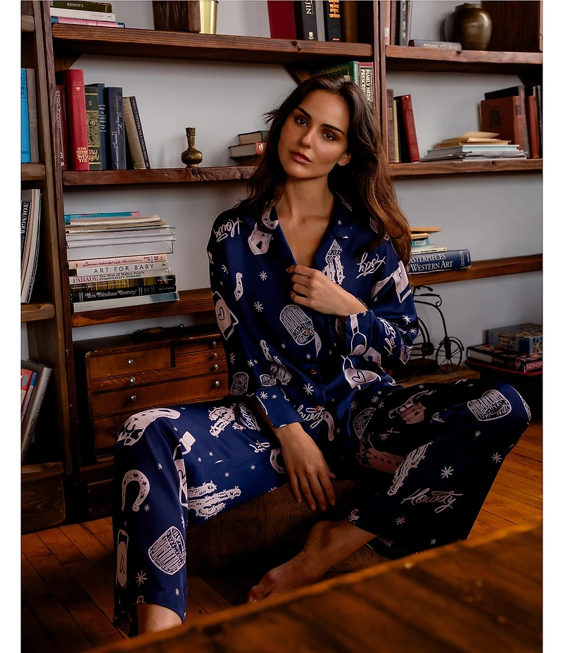 Midnight Bakery Western Print Long Sleeve Notch Collar Satin Long Pajama Set