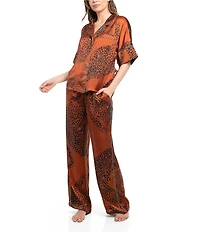 Midnight Bakery Wild Cat Print Short Sleeve Notch Collar Long Satin Pajama Set