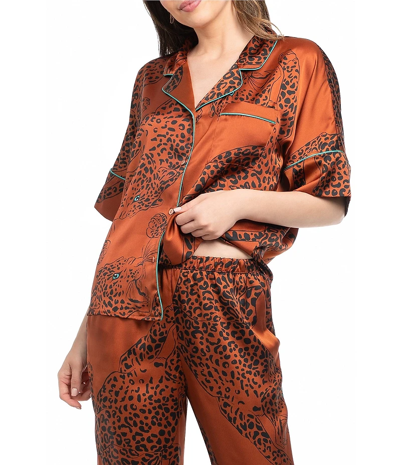 Midnight Bakery Wild Cat Print Short Sleeve Notch Collar Long Satin Pajama Set
