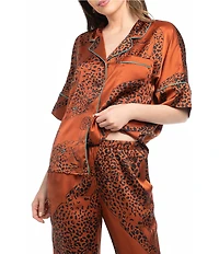 Midnight Bakery Wild Cat Print Short Sleeve Notch Collar Long Satin Pajama Set