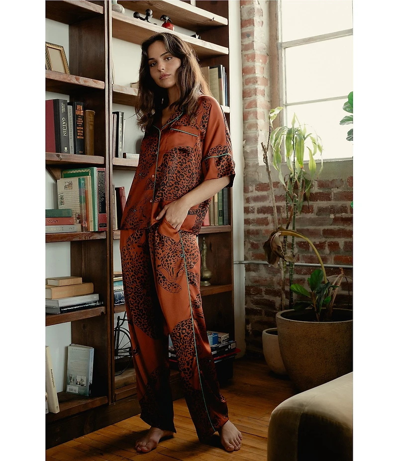 Midnight Bakery Wild Cat Print Short Sleeve Notch Collar Long Satin Pajama Set