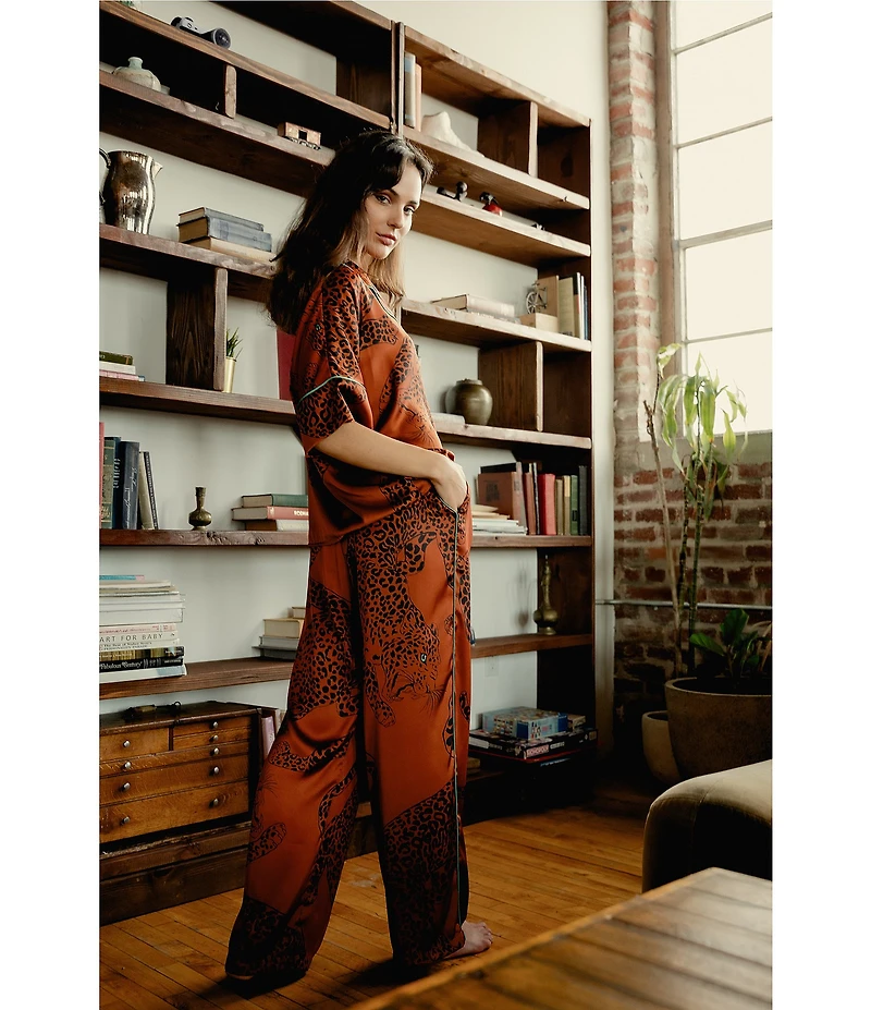 Midnight Bakery Wild Cat Print Short Sleeve Notch Collar Long Satin Pajama Set
