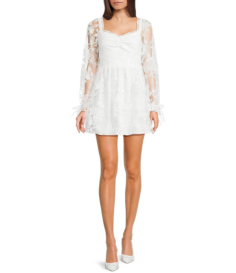 Midnight Doll Floral Embroidered Mesh Long Sleeve Cinched Front Fit-And-Flare Dress