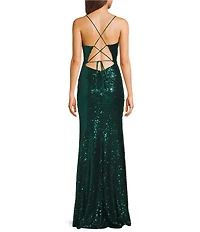 Midnight Doll Sequin V-Neck Criss Cross Back Side Slit Long Dress
