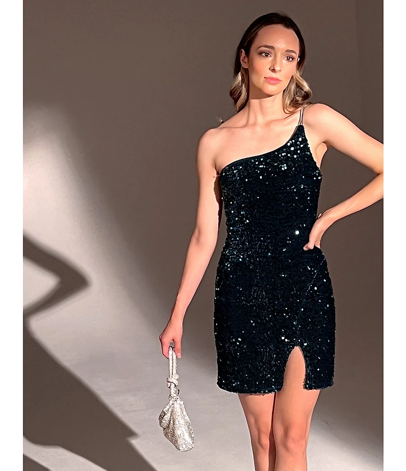 Midnight Doll One Shoulder Sequin Front Slit Bodycon Dress