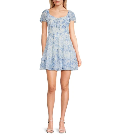 Midnight Doll Bubble Textured Floral Printed Puff Sleeve Tiered Dress