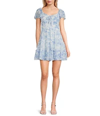 Midnight Doll Bubble Textured Floral Printed Puff Sleeve Tiered Dress