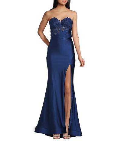 Midnight Doll Chemical Lace Jersey-Knit Satin Strapless Sweetheart Neck Side Slit Gown