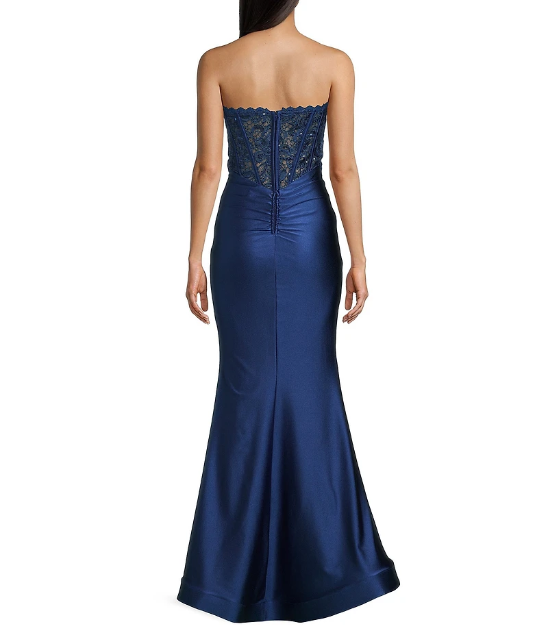 Midnight Doll Chemical Lace Jersey-Knit Satin Strapless Sweetheart Neck Side Slit Gown