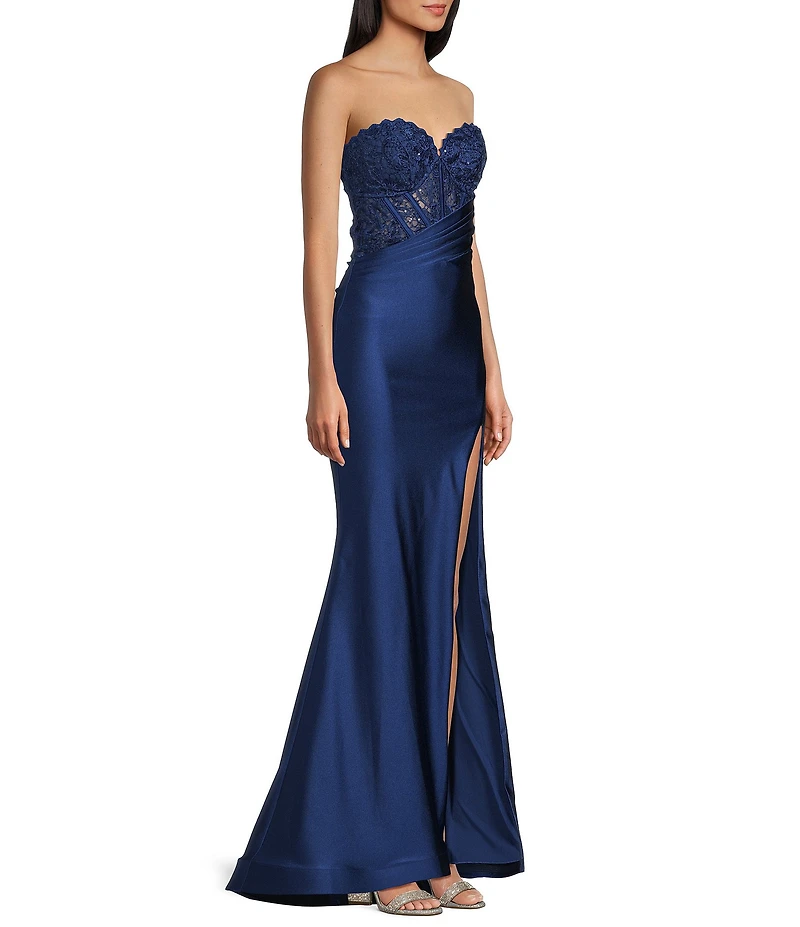 Midnight Doll Chemical Lace Jersey-Knit Satin Strapless Sweetheart Neck Side Slit Gown