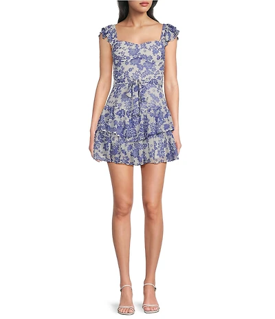 Midnight Doll Chiffon Floral Printed Flutter Sleeve Drop Waist Tie Front Tiered Dress