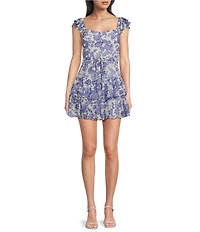 Midnight Doll Chiffon Floral Printed Flutter Sleeve Drop Waist Tie Front Tiered Dress