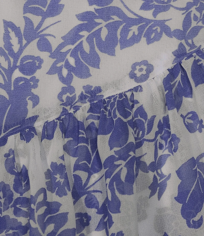 Midnight Doll Chiffon Floral Printed Flutter Sleeve Drop Waist Tie Front Tiered Dress