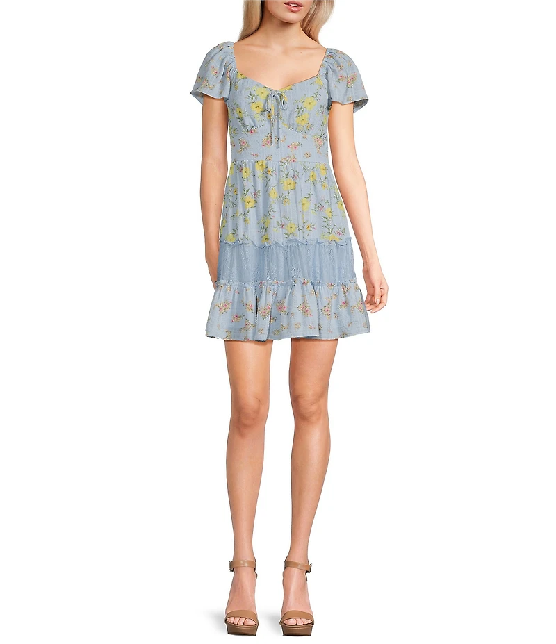 Midnight Doll Chiffon Lace Floral Printed Flutter Sleeve Tie Front Tiered Mini Dress
