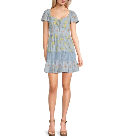Midnight Doll Chiffon Lace Floral Printed Flutter Sleeve Tie Front Tiered Mini Dress