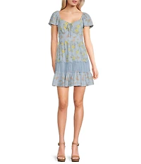 Midnight Doll Chiffon Lace Floral Printed Flutter Sleeve Tie Front Tiered Mini Dress