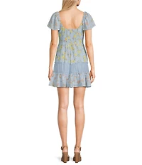 Midnight Doll Chiffon Lace Floral Printed Flutter Sleeve Tie Front Tiered Mini Dress