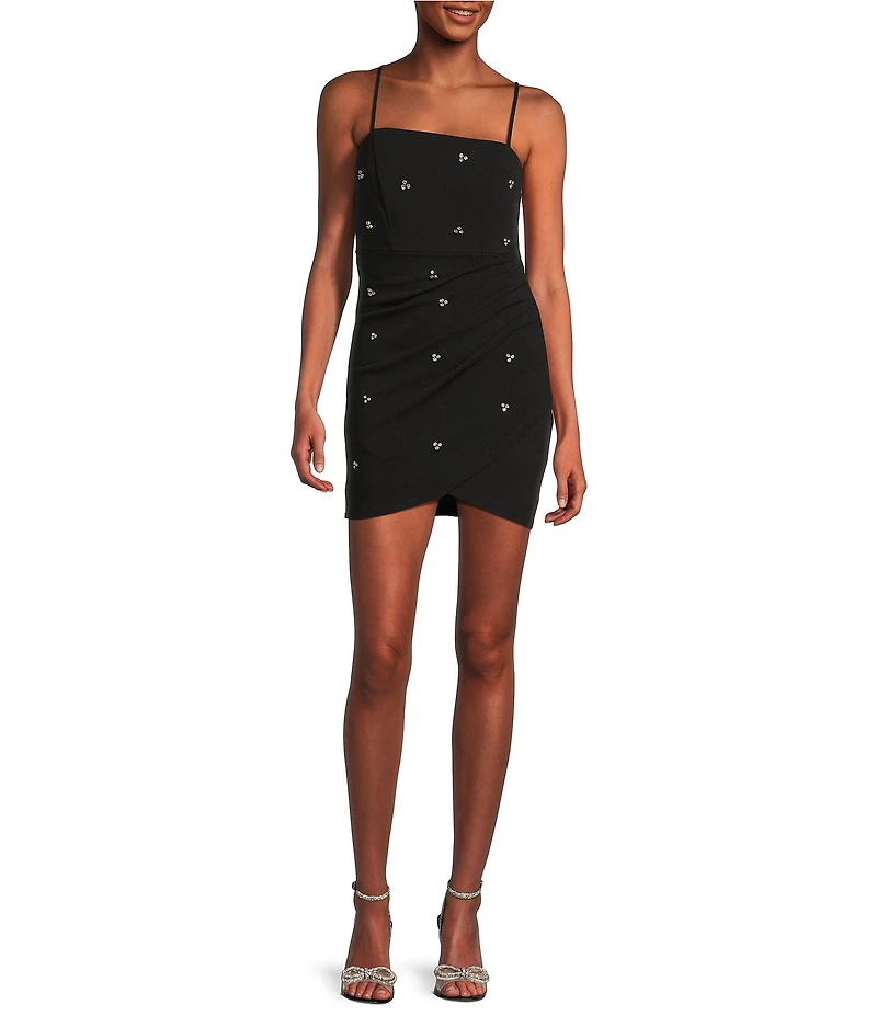 Midnight Doll Crepe Rhinestone Square Neck Spaghetti Strap Faux Wrap Mini Dress