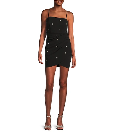 Midnight Doll Crepe Rhinestone Square Neck Spaghetti Strap Faux Wrap Mini Dress