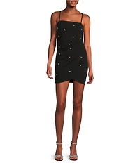 Midnight Doll Crepe Rhinestone Square Neck Spaghetti Strap Faux Wrap Mini Dress
