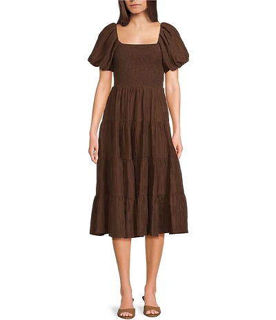 Midnight Doll Crinkle Woven Square Neck Short Puff Sleeve Smocked Bodice Dress