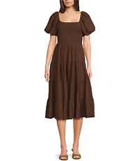 Midnight Doll Crinkle Woven Square Neck Short Puff Sleeve Smocked Bodice Dress
