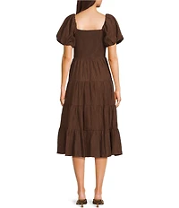 Midnight Doll Crinkle Woven Square Neck Short Puff Sleeve Smocked Bodice Dress