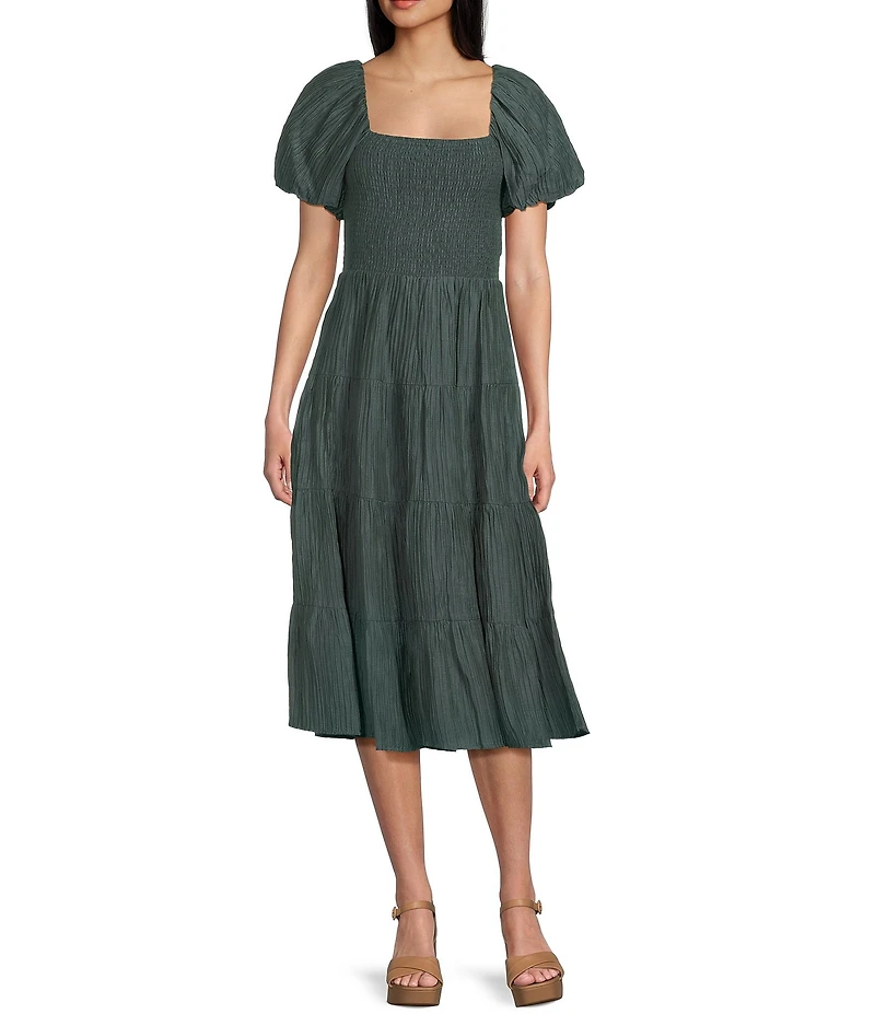 Midnight Doll Crinkle Woven Square Neck Short Puff Sleeve Smocked Bodice Dress