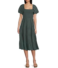 Midnight Doll Crinkle Woven Square Neck Short Puff Sleeve Smocked Bodice Dress