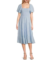 Midnight Doll Crinkle Woven Square Neck Short Puff Sleeve Smocked Bodice Dress