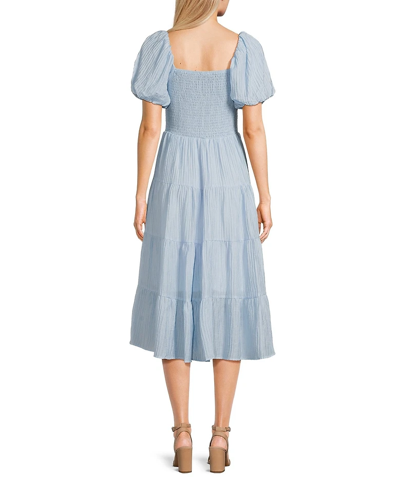 Midnight Doll Crinkle Woven Square Neck Short Puff Sleeve Smocked Bodice Dress