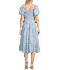 Midnight Doll Crinkle Woven Square Neck Short Puff Sleeve Smocked Bodice Dress